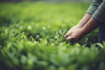 Naklejka na ściany i meble Someone is collecting freshly harvested green tea leaves from a plantation. Generative AI