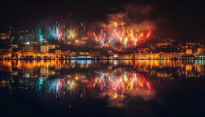 Illuminated cityscape reflects on water, vibrant colors ignite celebration fireworks generated by AI