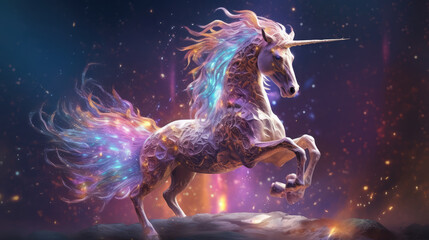 Beautiful fantasy unicorn purple, blue, orange colors with a burning mane runs forward on a blue background with light particles