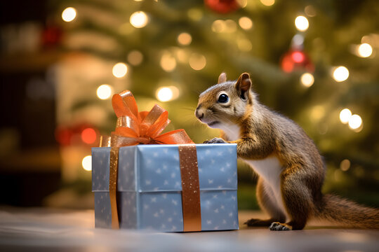 Curious Squirrel Popping Out of Gift Box - Christmas Event Promotion