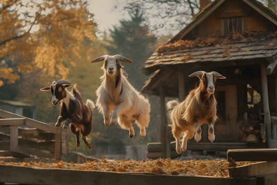 Goats Jumping Around Playfully in a Village