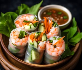 Vietnamese spring rolls with veggies and shrimp, served in a bowl, are crisp and fresh. Generative AI