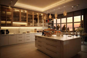 modern kitchen interior in gold, white, beige colors
created using generative AI tools