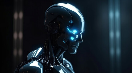 Futuristic AI Android robot. Cyborg Man banner copy space. Chat GPT chatbot 