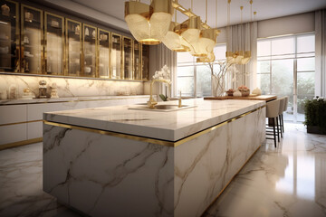 modern kitchen interior in gold, white, beige colors
created using generative AI tools