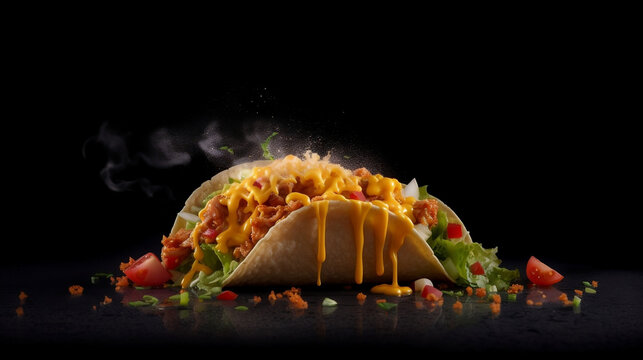fresh hot taco with flying ingredients isolated on black background, hot ready to serve and eat