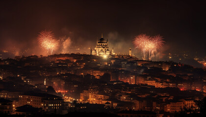 Fototapeta premium Illuminated cityscape explodes with firework display, celebrating famous landmarks generated by AI