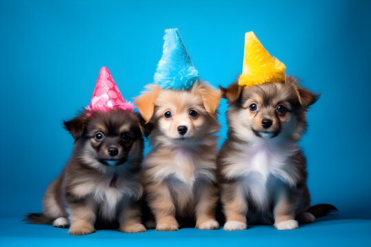 Cute Puppies Wearing Fun Hats Centrally Placed