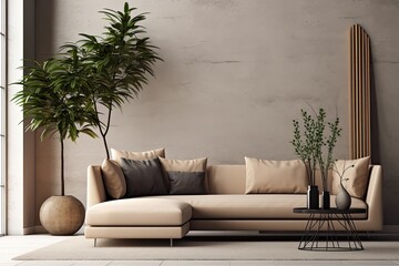 a mockup of a modern living room in the Scandinavian design with a beige sofa and a plant, Generative AI