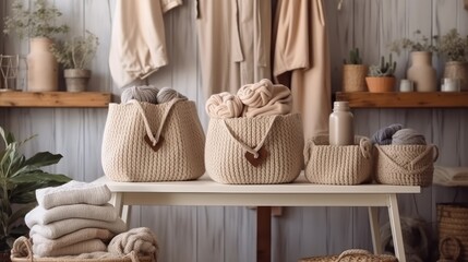 Obraz na płótnie Canvas a wooden table with beige knitted baskets. Scandinavian-style handmade natural jute knit shopping bag, eco-friendly fashion accessories. cozy room interior design elements. Handmade. Generative AI