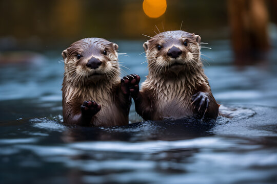 Otters Holding Hands While Floating in Water, High Five, 3D