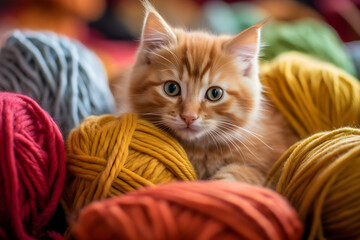 Fluffy Kitten Entangled in a Ball of Yarn