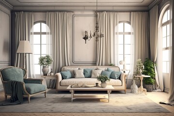 Interior wall mockup of a living room in the farmhouse style Generative AI
