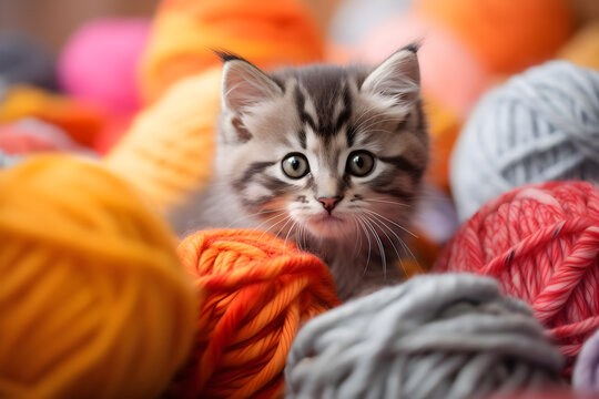 Fluffy Kitten Entangled in a Ball of Yarn
