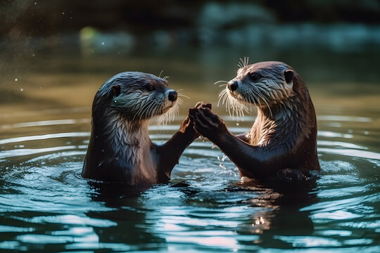 Otters Holding Hands While Floating in Water, High Five, 3D