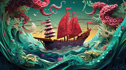 Obraz na płótnie Canvas Paper cut art illustration of boat on the ocean with kraken