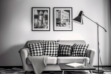 a gray sofa and a white mock-up poster frame are displayed against a modern interior setting in the living room. Generative AI