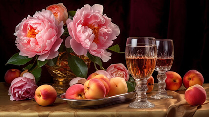 Picture of peonies and wine on a dark background, home comfort