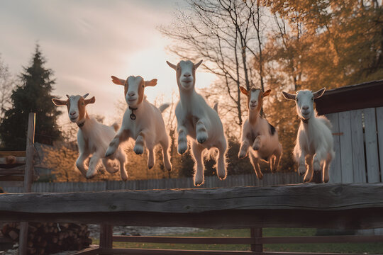 Goats Jumping Around Playfully in a Village
