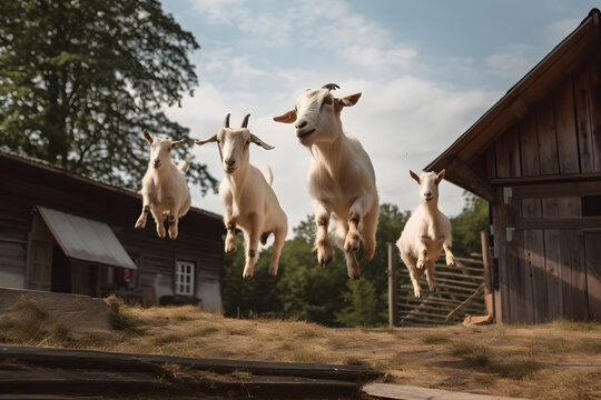 Goats Jumping Around Playfully in a Village