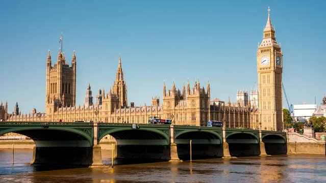 Timelapse of the London Sunset Big Ben iconic landmark. Palace of Westminster Parliament. Summer in London with the symbol of United Kingdom.
