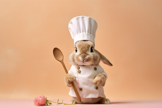 Cute Bunny Wearing Chef Hat and Holding Spoon