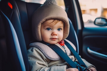Baby girl sitting in the child car seat with seat belt fasten and smiling, car interior in the background