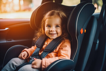 Baby girl sitting in the child car seat with seat belt fasten and smiling, car interior in the background - obrazy, fototapety, plakaty