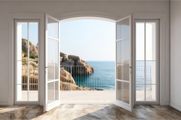 Elegant unoccupied room with close-up panoramic windows, traditional shutters, and a traditional balcony. Granite rocks in a seaside setting. Copy space on a white background, interior Generative AI