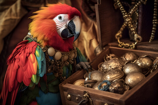 Advertising Parrot in Pirate Costume Perched on Treasure Chest