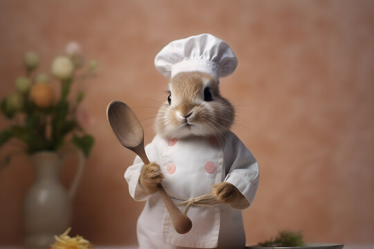 Cute Bunny Wearing Chef Hat and Holding Spoon