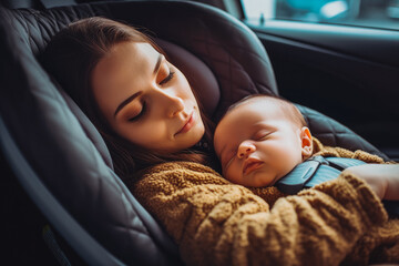 Mother sleeping with her newborn in a car seat wearing a seat bell, relaxing and cuddling. Generative AI
