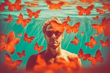 Young attractive man with sunglasses underwater in swimming pool with butterflies, matte effect. Generative AI