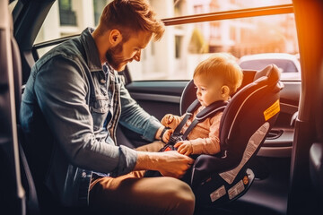 Smiling father fastening seat belt on her newborn baby in a car seat, baby smiling and being happy. Generative AI