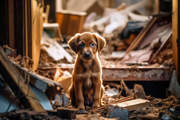 Sad puppy dog sitting in debris from a catastrophic storm, Generative AI