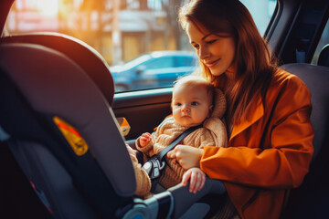 Smiling mother fastening seat belt on her newborn baby in a car seat, baby smiling and being happy. Generative AI