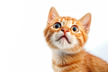 Adorable little orange kitten looking up, isolated on a white background, funny and playful, very cute. Generative AI