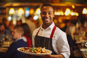 Smiley african american waitress serving food to customers in a restaurant, friendly professional looking staff. Generative AI