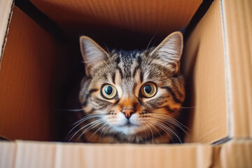 Portrait of a grey funny cat with green eyes looking out of the box, adorable kitten. Generative AI