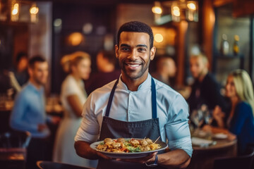 Smiley african american waitress serving food to customers in a restaurant, friendly professional looking staff. Generative AI - obrazy, fototapety, plakaty