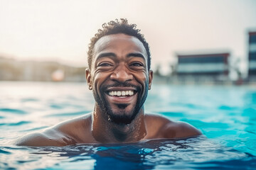 Smiley attractive african american man swimming in outdoor swimming pool on s sunny summer day. Generative AI