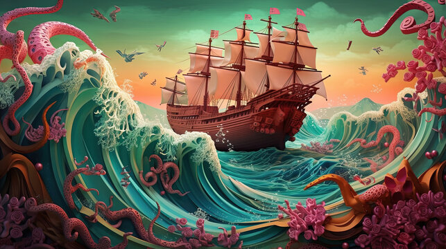 Paper cut art illustration of boat on the ocean with kraken