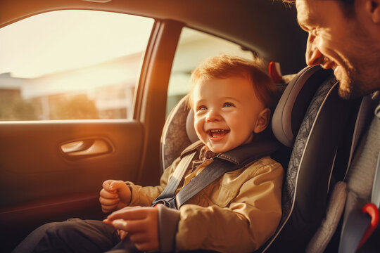 Baby girl sitting in the child car seat with seat belt fasten and smiling, car interior in the background