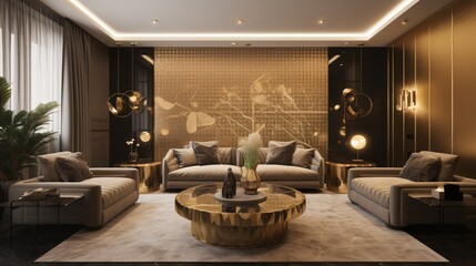 Luxury living room with sofas and coffee table. Gold decorations. Created with generative AI