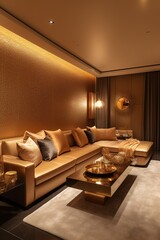Hotel lobby or luxury apartment living room, sofa and coffee table with gold pillows. Created with generative AI