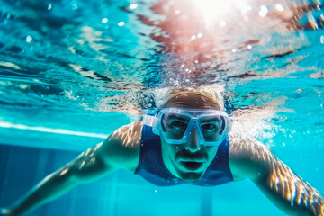 Fototapeta premium Attractive man swimming underwater and wearing swimming cap and goggles. Enjoying in the pool. Generative AI