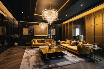 Luxury living room interior design with gold and black walls. Created with generative AI