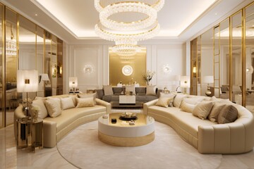 Luxury living room interior. Gold decorations. Modern, elegant concept. Created with generative AI