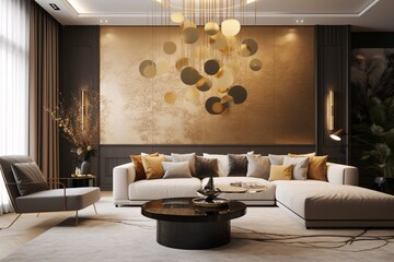 Modern living room interior with sofa, coffee table and gold elements. Created with generative AI