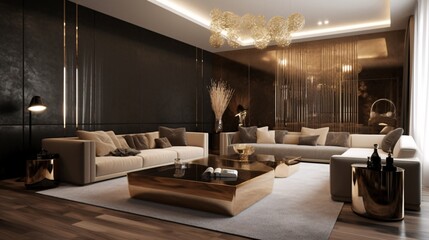 Luxury modern living room with sofas and coffee table. Gold decorations. Created with generative AI